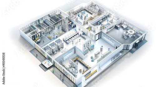 3d isometric model of science and technology exhibition hall, white background.