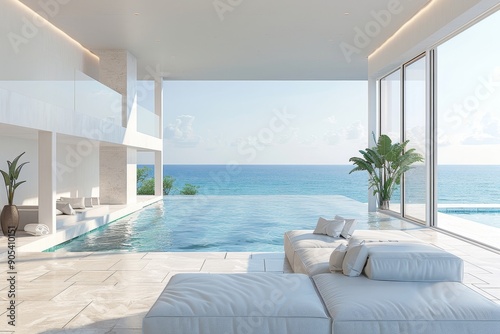 Sea view empty large living room of luxury summer beach house with swimming pool near terrace. Big white wall background in vacation home or holiday villa. 3D, Generative AI