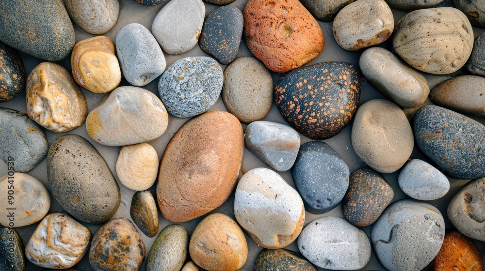 A backdrop of rounded stones. Top view. Abstract composition of cobblestones. Stones of different sizes on a flat base. A backdrop of rounded stones. Top view. Abstract composition of cobblestones. Stones of different sizes on a flat base.