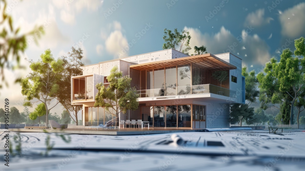 Fototapeta premium A beautiful modern home placed on an architectural blue print, transformation copy space