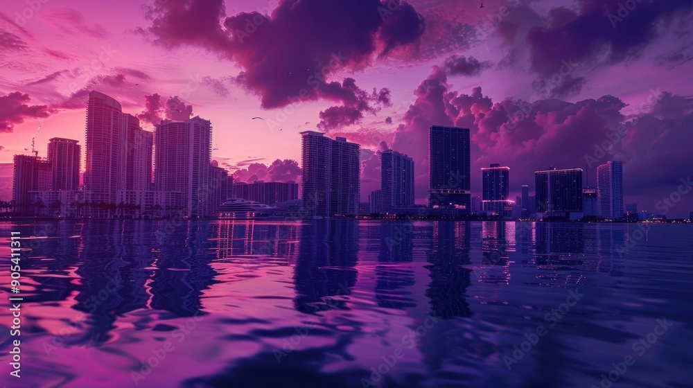 Fototapeta premium Glow of city skyline reflected over water surface