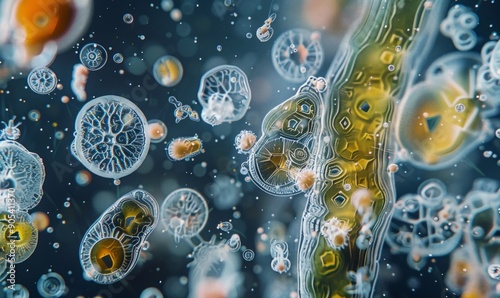 Detailed microphotograph of aquatic plankton, exploring microecology and marine biodiversity photo