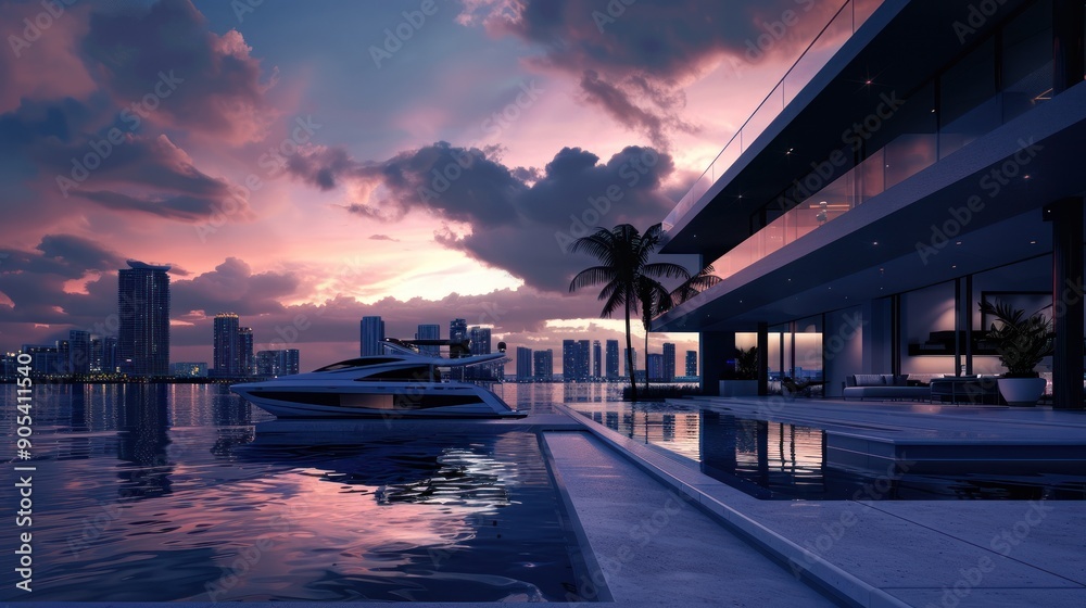 Luxurious waterfront villa with private yacht, sunset view. Luxurious waterfront villa with private yacht, sunset view.