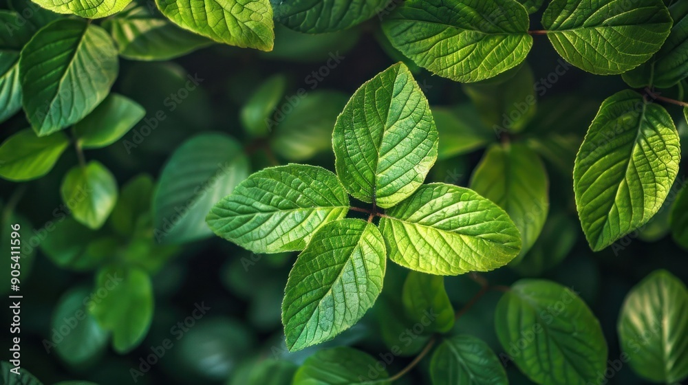 A close up of green leaves with a bright green hue. Concept of growth and renewal, as well as the beauty of nature