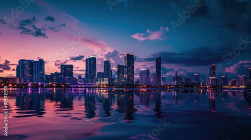 Wallpaper Mural City skyline reflecting off water at dusk, vibrant hues. Torontodigital.ca