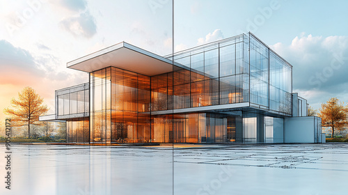 Modern architectural design blending real-life glass building with detailed blueprint, showcasing the transition from planning to completion with a dynamic contrast of cool blue tones and warm glow © Vilius