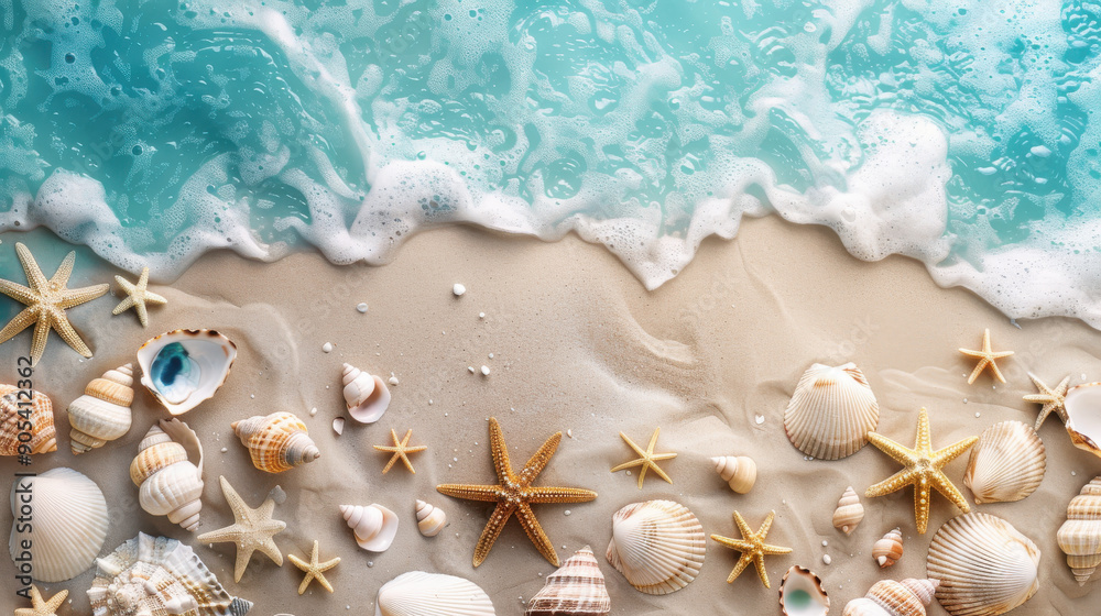 Beach banner stand with seashells, sand, and a turquoise sea. Beach banner stand with seashells, sand, and a turquoise sea.