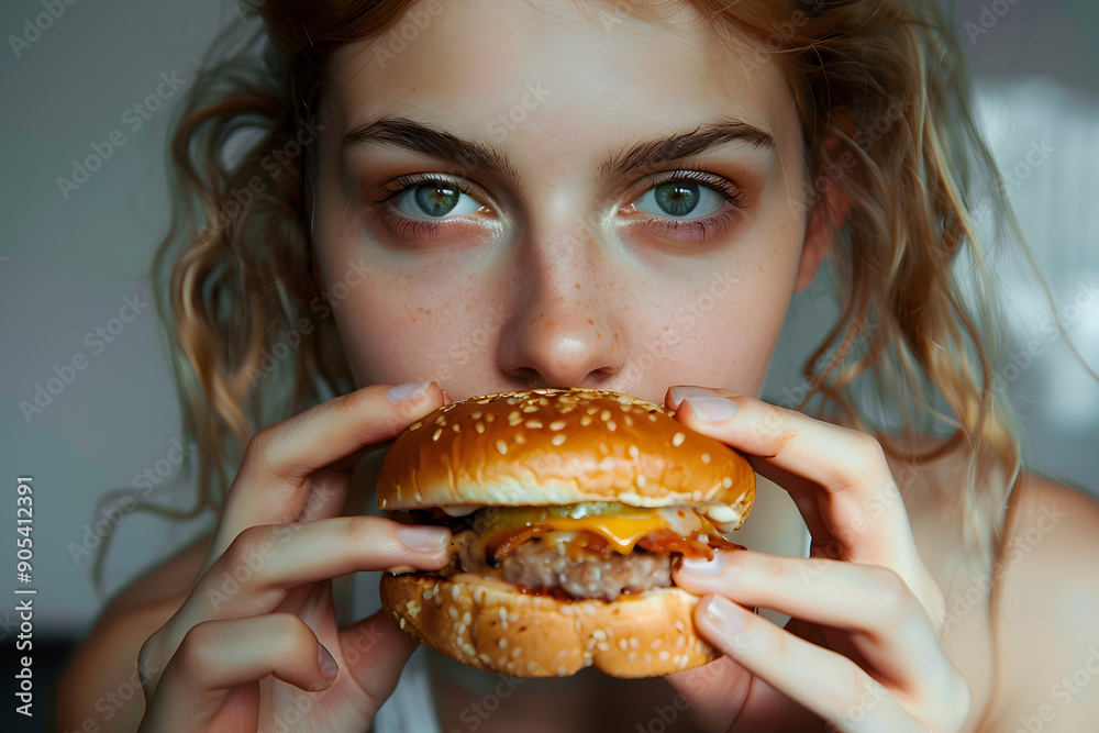 Young woman eating hamburger and looking at camera Young woman eating hamburger and looking at camera