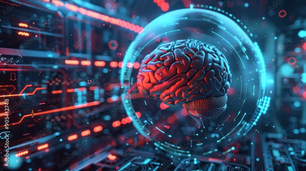A futuristic technology concept incorporating an electronic brain, neural data storage machine, stock neural system, and generative AI A futuristic technology concept incorporating an electronic brain, neural data storage machine, stock neural system, and generative AI