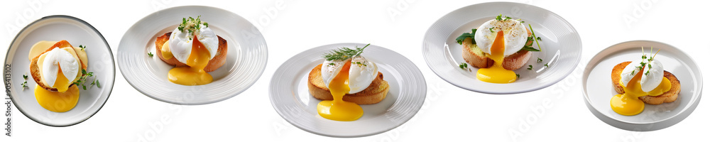 Plates of classic Eggs Benedict with poached eggs, hollandaise sauce, and fresh herbs served on toasted English muffins. collection cut out transparent isolated on white background PNG Plates of classic Eggs Benedict with poached eggs, hollandaise sauce, and fresh herbs served on toasted English muffins. collection cut out transparent isolated on white background PNG