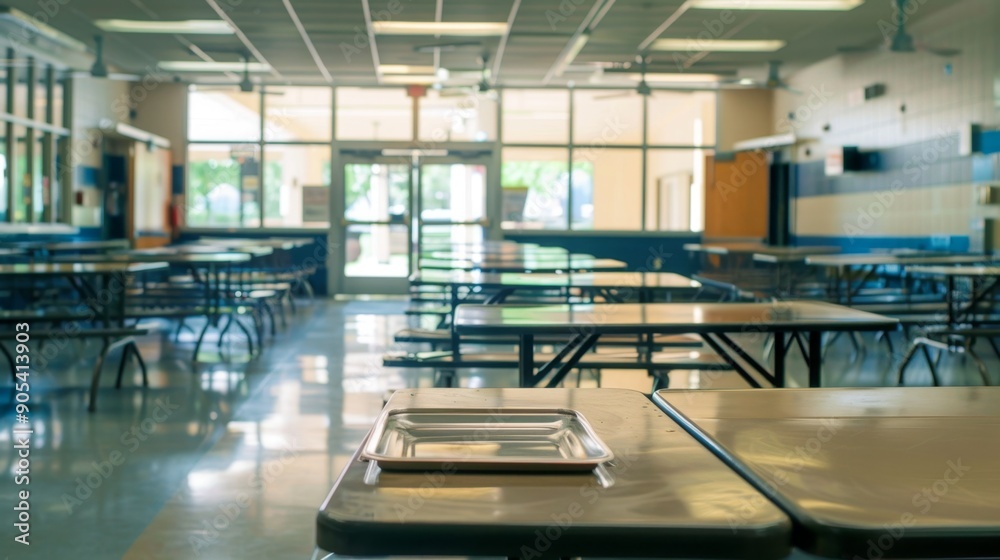 Empty cafeteria tables. Empty cafeteria tables.