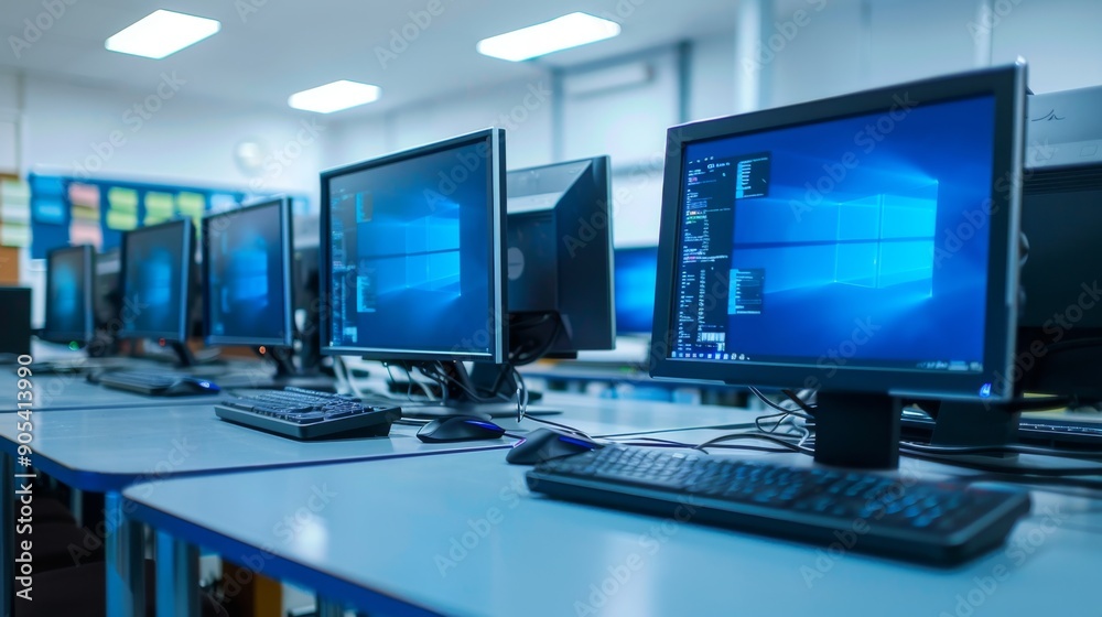 Computer Lab with Blue Screen Monitors. Computer Lab with Blue Screen Monitors.