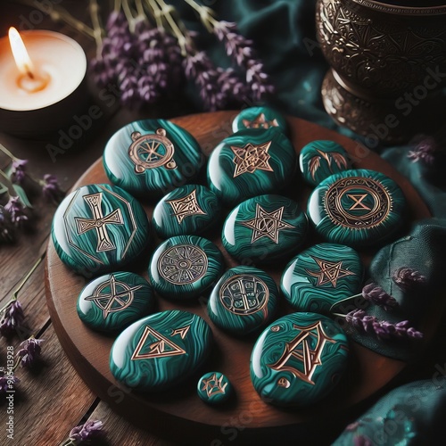 160 41 Malachite Rune Set a set of divination runes engraved on photo