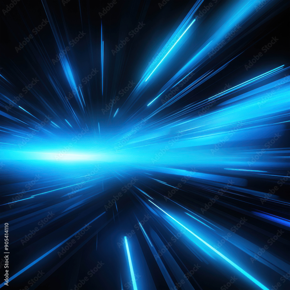 Fototapeta premium Blue Warp Speed: Dive into the abstract realm of lightspeed with this vibrant, high-energy background of converging blue streaks against a dark void. Ideal for conveying motion, technology, and the fu