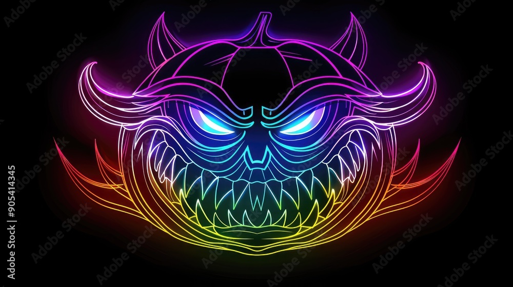 Colorful neon devil face with sharp teeth and glowing eyes, perfect for Halloween and digital art themes. Colorful neon devil face with sharp teeth and glowing eyes, perfect for Halloween and digital art themes.