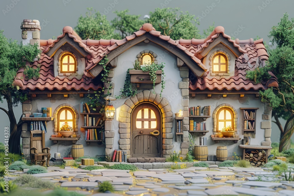 Fototapeta premium Cozy Cottage with Stone Path and Lush Greenery