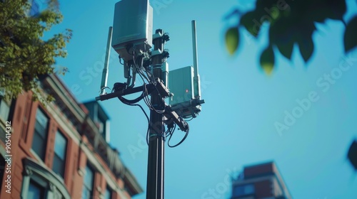 Fototapeta Naklejka Na Ścianę i Meble -  Small 5G antenna on a street light pole