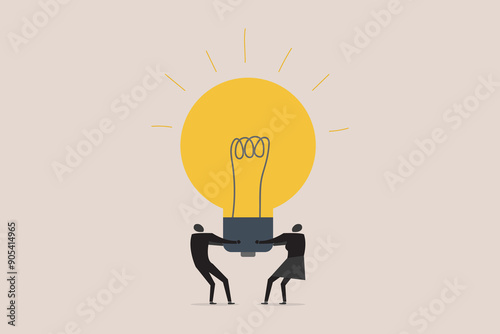 Businessman and business woman join or combine lightbulb idea for best result. concept of idea, synergy or collaborate to get solution, and teamwork