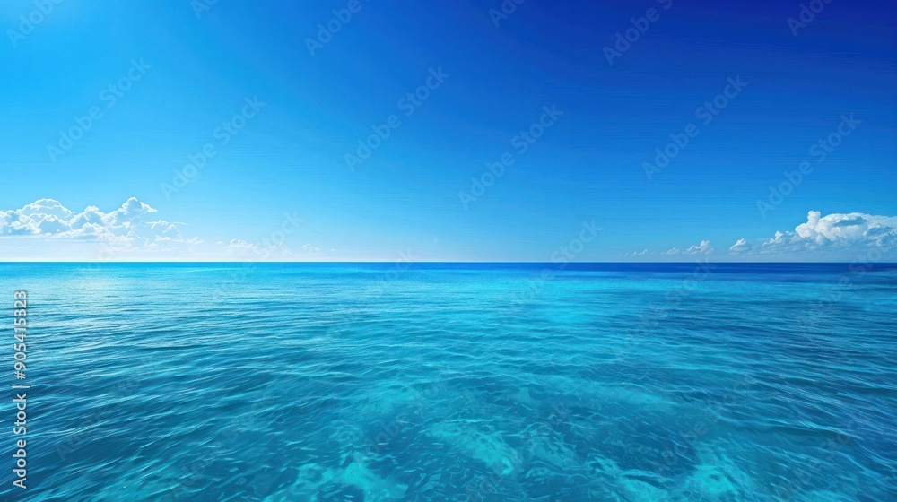 Fototapeta premium A serene and expansive view of the blue sea stretching out to the horizon, where the azure waters meet the clear blue sky in a seamless union of color and light