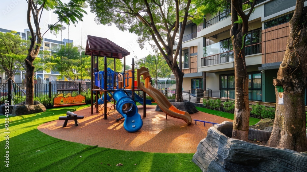 Modern Playground in Front of Residential Building. Modern Playground in Front of Residential Building.