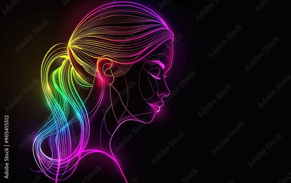 Colorful neon line art of a woman's profile with flowing hair on a dark background. Vibrant and abstract digital illustration. Colorful neon line art of a woman's profile with flowing hair on a dark background. Vibrant and abstract digital illustration.