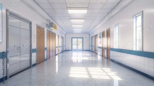 Empty Hospital Corridor with Sunlight Streaming In.