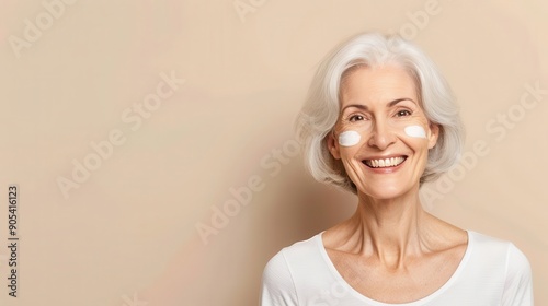 Mature woman smiling after using anti-wrinkle firming foam, showcasing smooth and firm skin, wrinkle foam, age-defying beauty