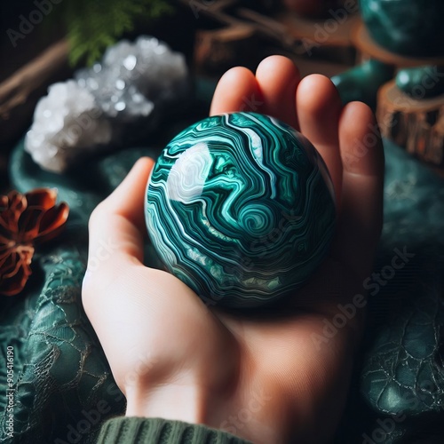 189 46 Malachite Sphere a polished sphere made of malachite beli photo