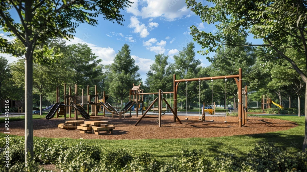 Wooden Playground Equipment in a Park. Wooden Playground Equipment in a Park.