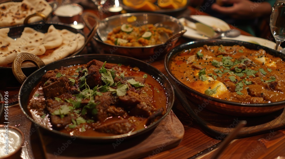 A tantalizing spread of lamb, mutton, and goat curry dishes served alongside freshly baked parathas A tantalizing spread of lamb, mutton, and goat curry dishes served alongside freshly baked parathas