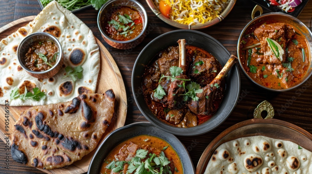 A tantalizing spread of lamb, mutton, and goat curry dishes served alongside freshly baked parathas A tantalizing spread of lamb, mutton, and goat curry dishes served alongside freshly baked parathas
