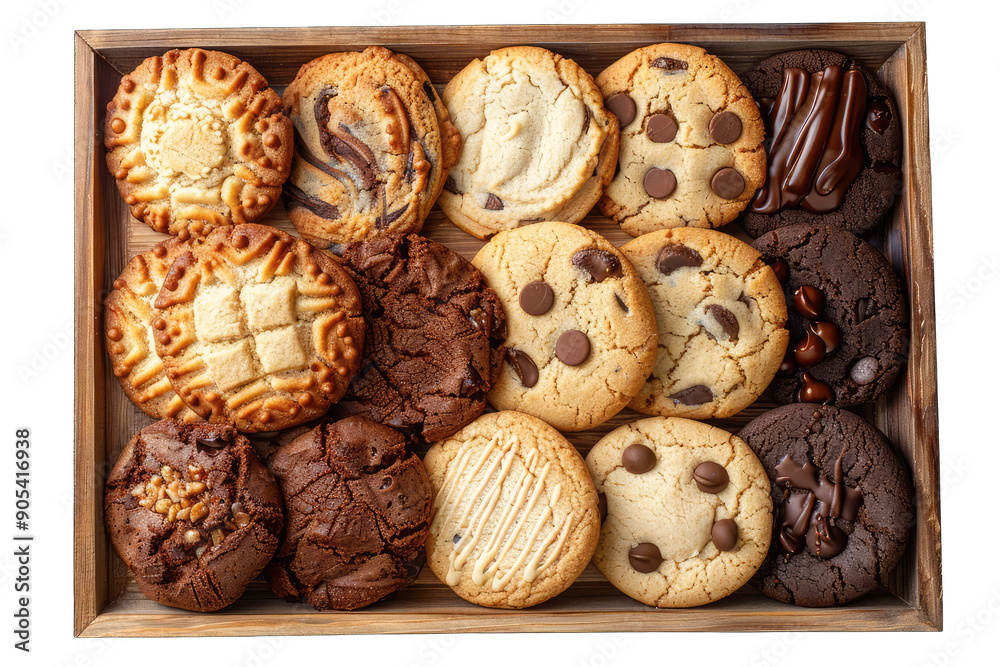 top view a rectangle wooden plate with an assortment of freshly baked cookies, no background top view a rectangle wooden plate with an assortment of freshly baked cookies, no background