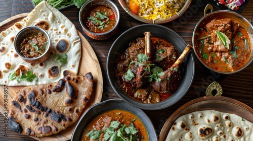 Fototapeta Naklejka Na Ścianę i Meble -  A tantalizing spread of lamb, mutton, and goat curry dishes served alongside freshly baked parathas