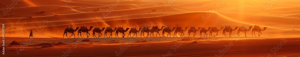 A Caravan of Camels Marching Together in a Warm Desert, Embracing the Spirit of Journey and Adventure A Caravan of Camels Marching Together in a Warm Desert, Embracing the Spirit of Journey and Adventure