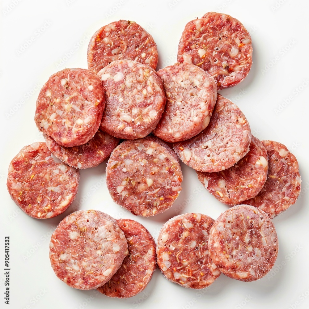 Sliced raw sausage pieces arranged on a white background. Close-up view of fresh sausage meat. Great for culinary blogs, food articles, and cooking websites Sliced raw sausage pieces arranged on a white background. Close-up view of fresh sausage meat. Great for culinary blogs, food articles, and cooking websites
