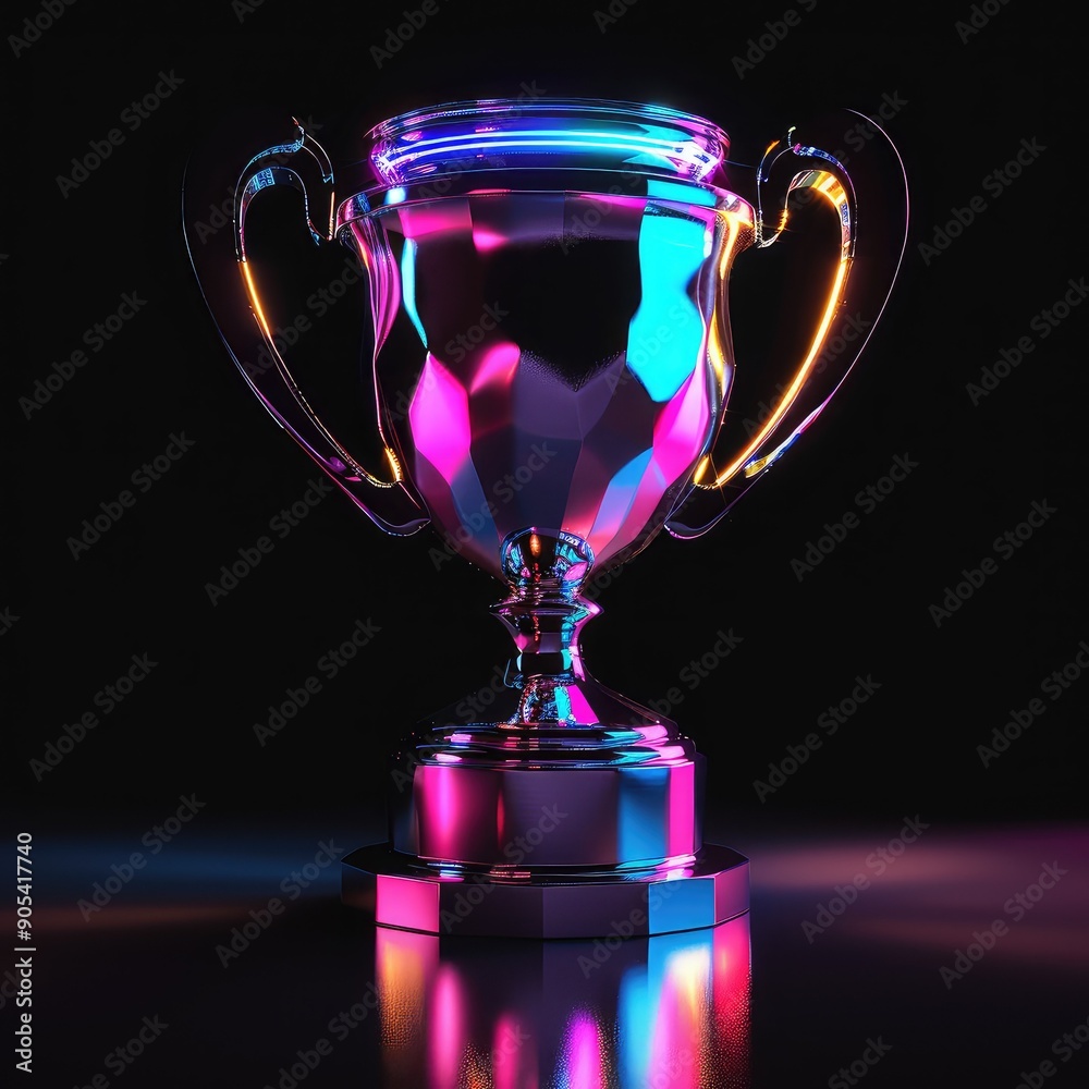 Shiny metallic trophy with vibrant neon lighting on a dark background, representing achievement, success, and victory. Ideal for awards and accolades. Shiny metallic trophy with vibrant neon lighting on a dark background, representing achievement, success, and victory. Ideal for awards and accolades.