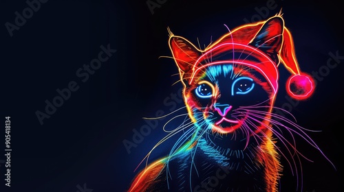Vibrant digital art of a cat with neon colors and a festive hat, glowing against a dark background. Perfect for holiday-themed designs. © Suwanlee