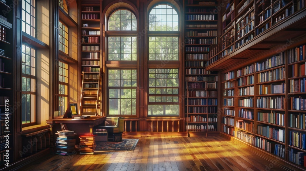 Sunlit Library Interior. Sunlit Library Interior.