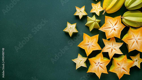 Flat Lay of Star Fruit on Green Background for Eye-Catching Designwith Copy Space photo