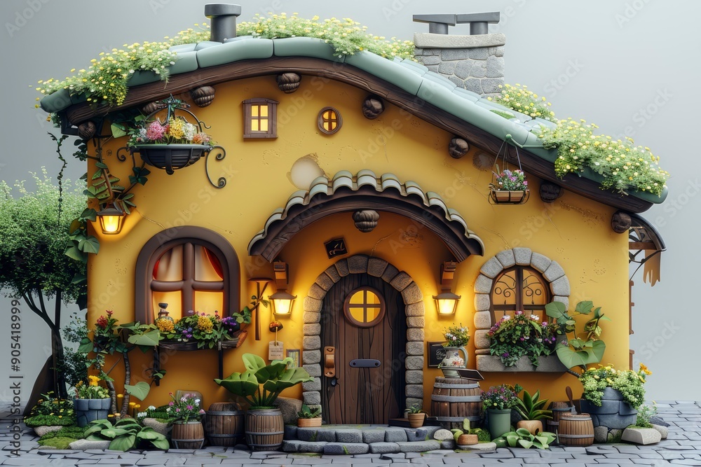 Fototapeta premium Charming Yellow Cottage with Greenery and Stone Details