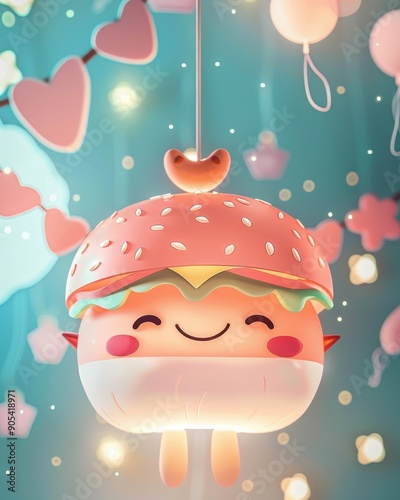 Close-up of a ceiling lamp made of burgers, inspired by a child's dream to be a chef, toy set, cute illustration