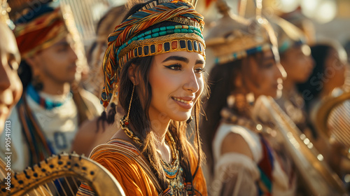 Ancient Egyptian Musical Parade: Costumed Performers in Golden Hour