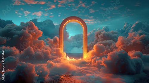 Close-up of an arched doorway with flames around it, looking out to clouds, 3D render, magical atmosphere