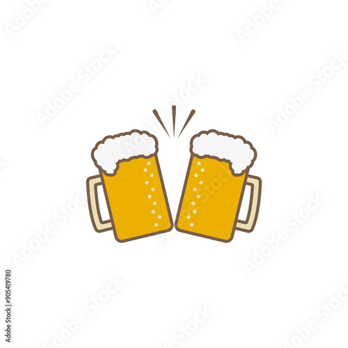 Two beer mug icon with yellow light beer. Clink, cheers and toasting. Colored vector illustration on white background.	