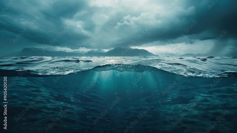 Underwater View of a Stormy Sea with Mountains in the Distance Underwater View of a Stormy Sea with Mountains in the Distance