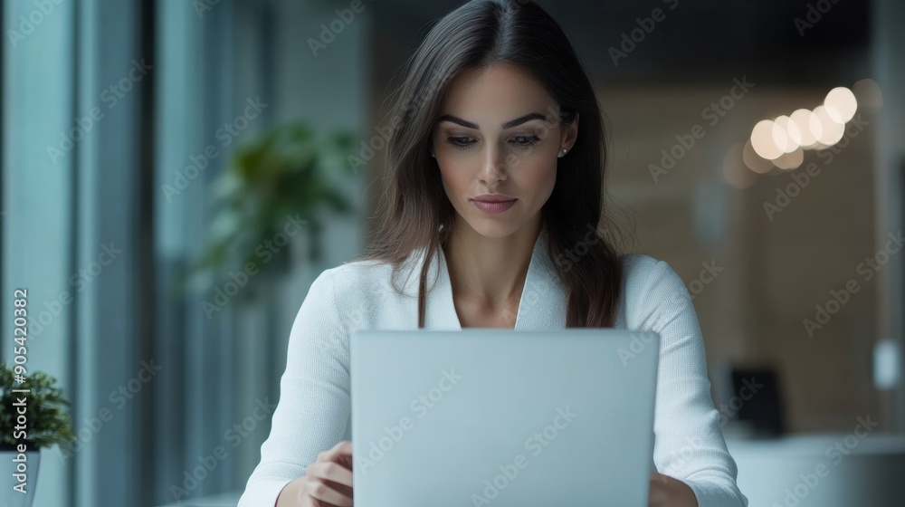 Professional female employee or a businesswoman using a laptop in a office Professional female employee or a businesswoman using a laptop in a office