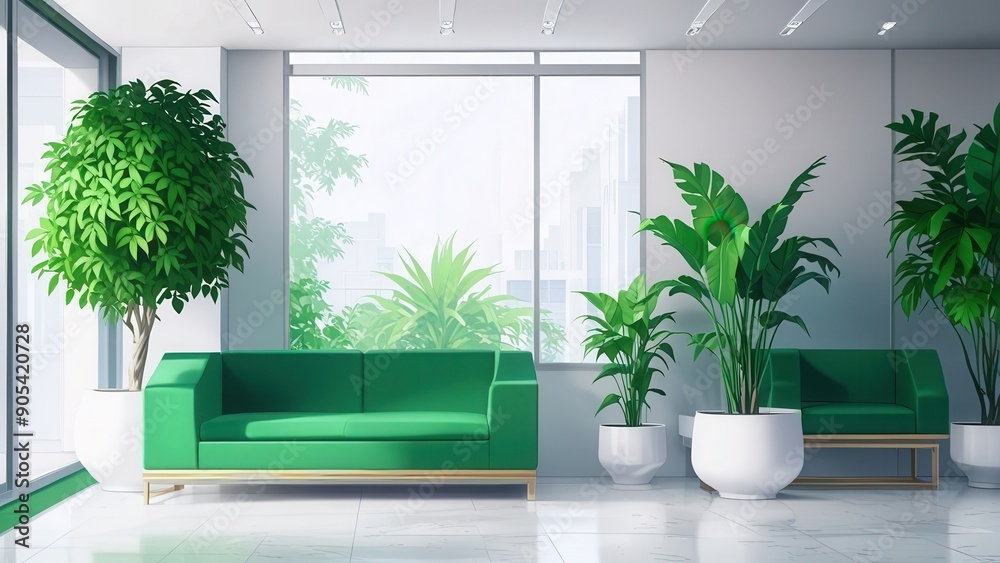 Cool Minimalist Lobby Design - Modern White Tones with Green Plants in Anime Style - Contemporary Interior Decor Cool Minimalist Lobby Design - Modern White Tones with Green Plants in Anime Style - Contemporary Interior Decor