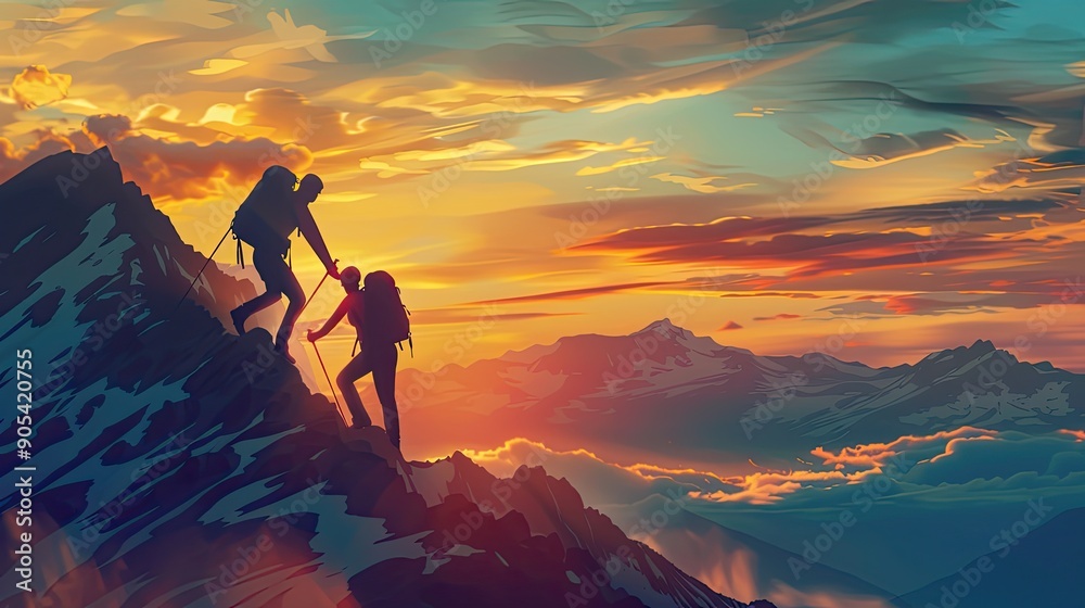 Two Hikers Assist Each Other in Reaching the Summit at Sunset Over Mountain Range Two Hikers Assist Each Other in Reaching the Summit at Sunset Over Mountain Range