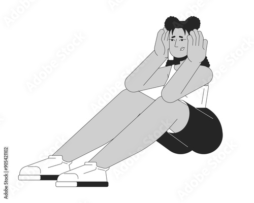 Exhausted worried latina woman holding head black and white 2D line cartoon character. Desperate looking hispanic girl isolated vector outline person. Migraine anxious monochromatic spot illustration