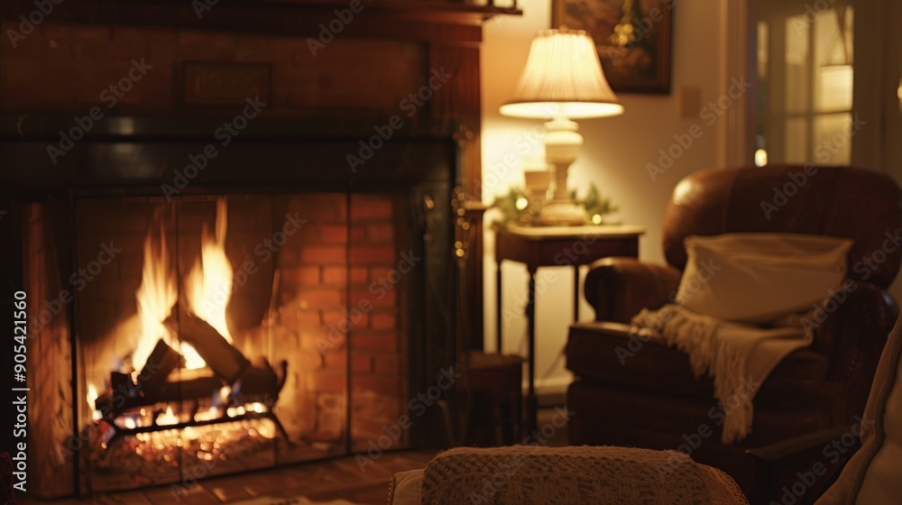Cozy Fireplace Setting with Warm Lighting and a Leather Chair Cozy Fireplace Setting with Warm Lighting and a Leather Chair
